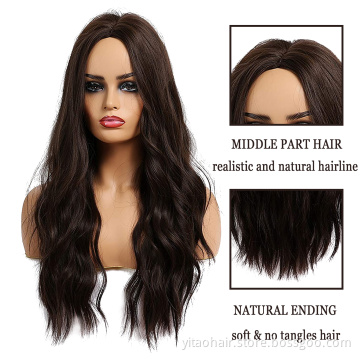 Wholesale dark brown black wig with bangs synthetic black hair wig women's long wave wig heat-resistant natural waves everyday